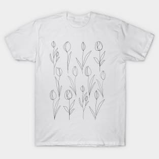 Tulip One Line Art Flowers Black And White T-Shirt